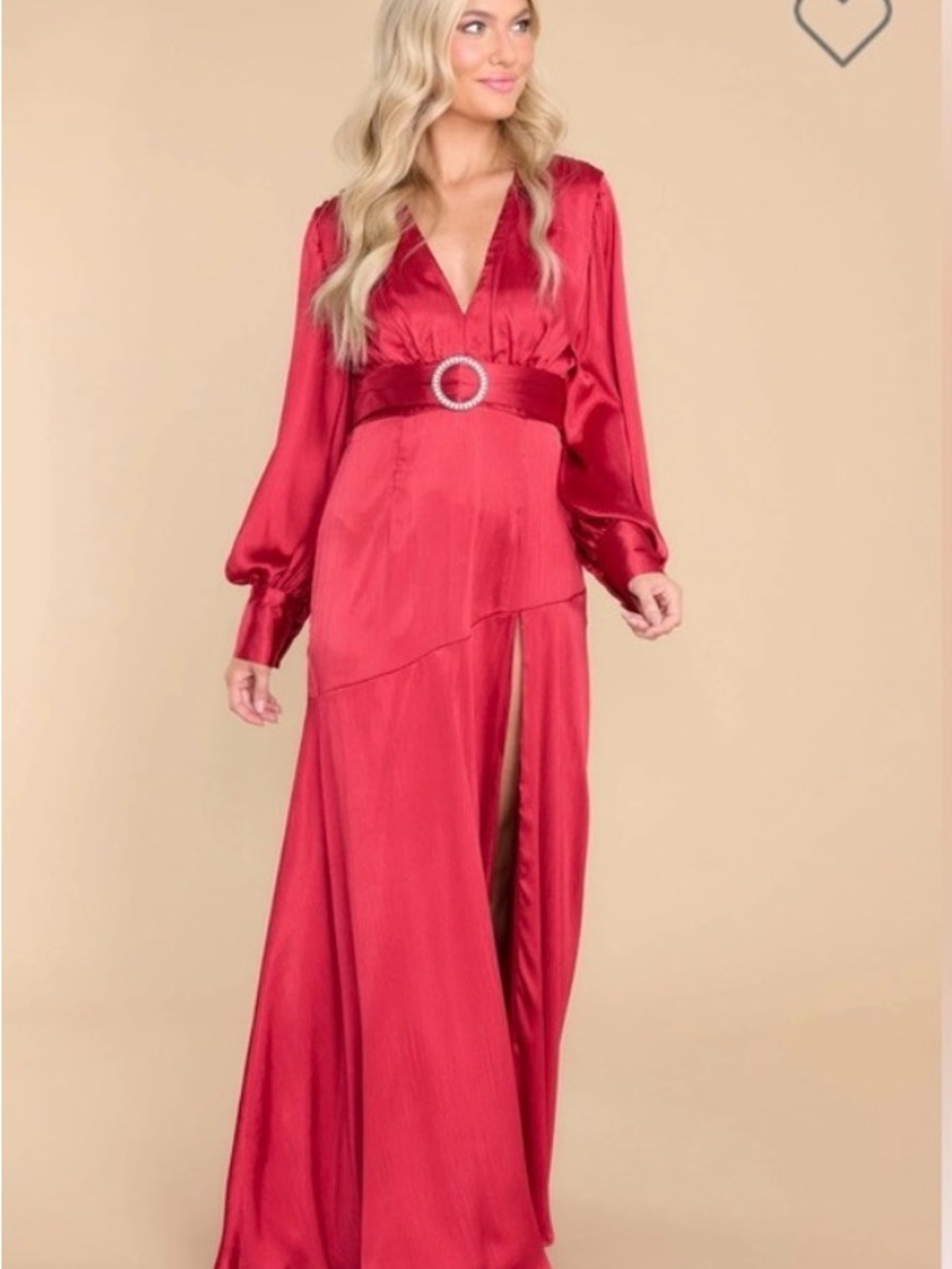 Ina Red Long Sleeve Satin Maxi Dress with Belt